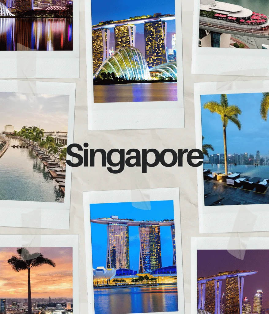 A collage of Singapore icons — Marina Bay Sands, Gardens by the Bay and skyline views